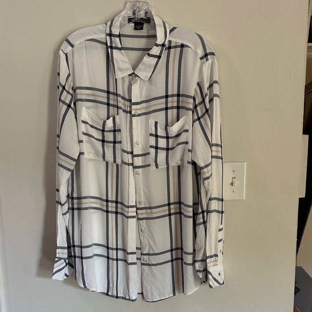 Classic White and Black Plaid Women's Button Down Tunic Shirt